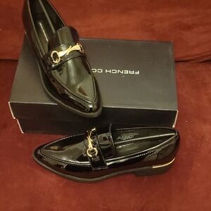 French Connection Glossy Black Loafers with Gold Accent